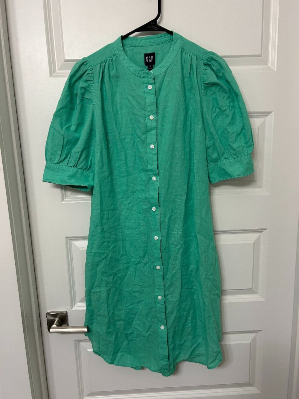 GAP Puff Sleeve Linen Cotton Mini Shirtdress Jamaica Green Medium Tall Vacation